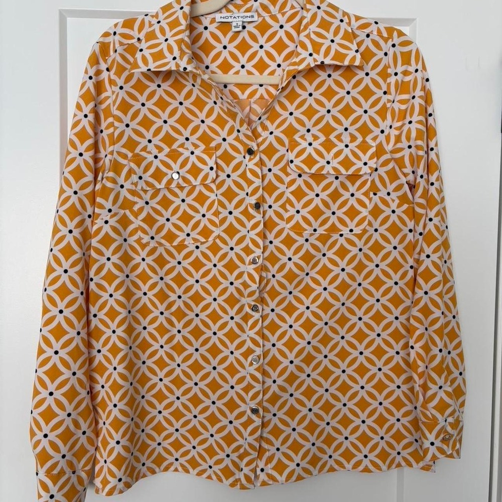 Whimsical geometric 90's button‎ up Notations shirt front pocket button missing